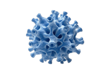 A detailed 3D rendering of a virus-like particle, showcasing a complex, porous, and spiky structure in shades of light blue against a black background