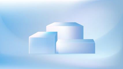 Abstract 3D Blue Square Blocks with Mesh Gradient Background for Minimal Product Scene