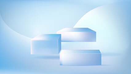 Soft Gradient Blue Stage with Curved Background and Layered 3D Blocks