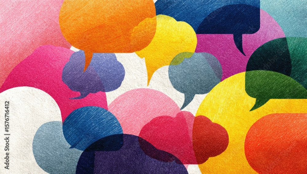 Fototapete an abstract image featuring numerous overlapping speech bubbles in various colors and shapes, sugges