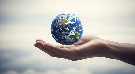 Protecting Earth A Hand Holding a Delicate Globe Against a Cloudy Sky, Symbolizing Global Care