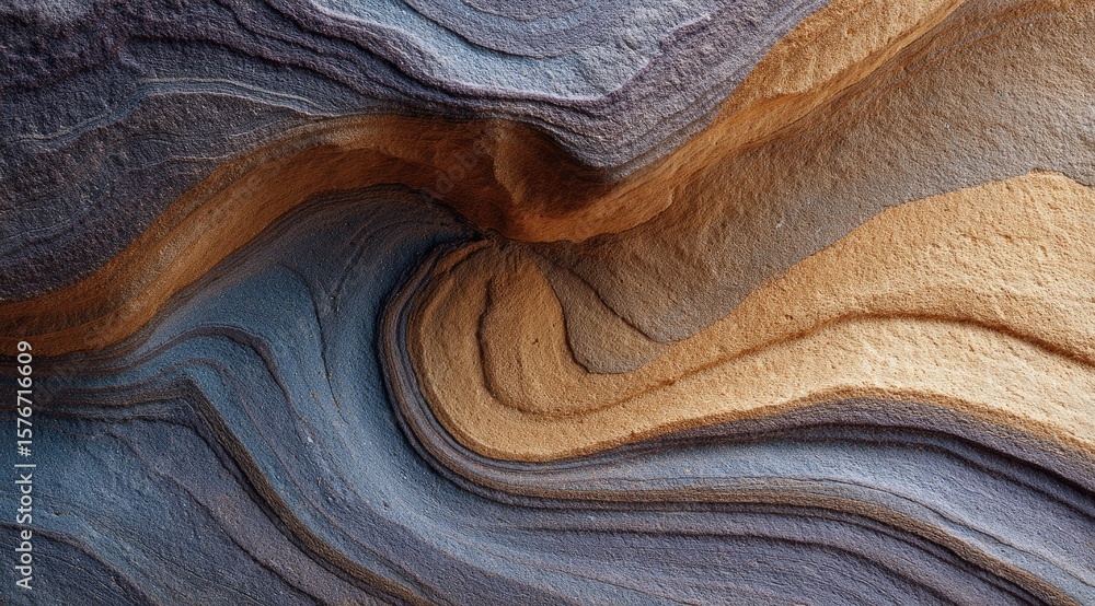 Poster abstract swirling rock formation with muted blues, purples, and sandy tans creating a visually capti