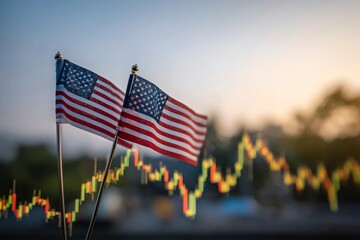 Obraz premium Stock Market Fluctuations with American Flags Financial District Photograph Urban Environment Close-Up Economy Trends
