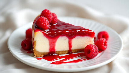 Tempting slice of cheesecake topped with fresh raspberries and sweet red glaze displayed on a white dessert plate creating a delicious dessert.