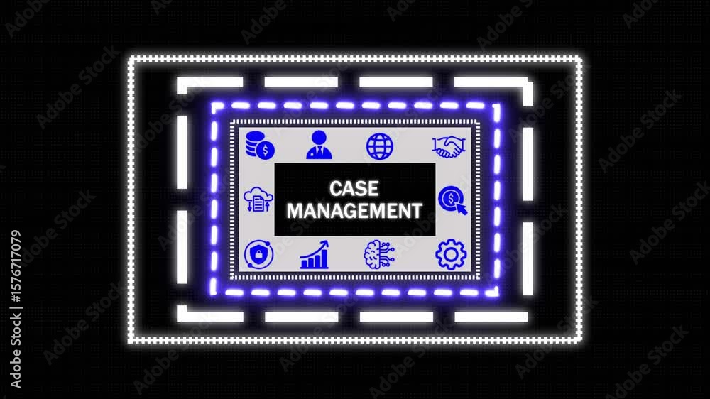 Poster a case management concept button on a futuristic , network icon ,blue holographic advanced rectangle