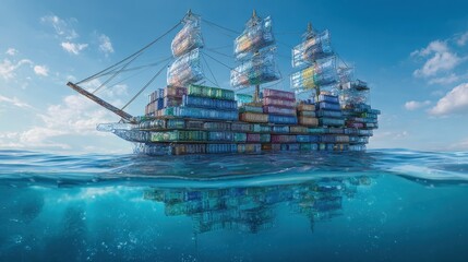 Obraz premium A ship made entirely from recycled plastic containers sailing on crystal-clear ocean, sustainability in trade