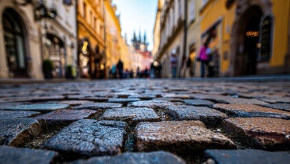 A low-angle, close-up shot of a cobblestone street in a European city, with blurred figures of pedestrians and buildings in the background, creating a sense of depth and perspective