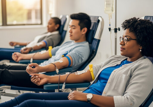 Diverse people donating blood in a medical setting, supported by a healthcare professional.