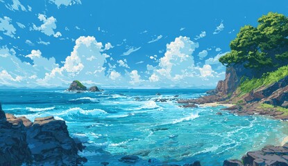 A vibrant digital painting depicts a tranquil coastal scene, showcasing a clear blue ocean with gentle waves lapping against rocky shores. Lush green vegetation adorns the land