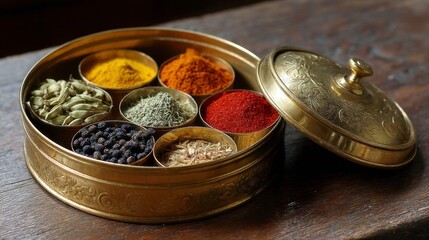 Traditional Brass Spice Box Open with Colorful Masala Selection