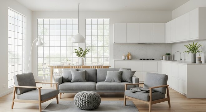 Modern scandinavian living room and kitchen with large windows and natural light - Powered by Adobe