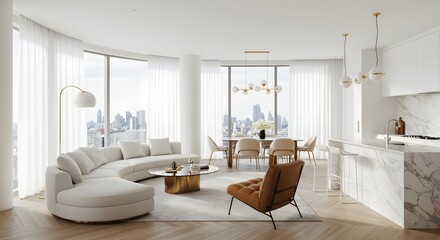 Fototapeta premium Modern luxury apartment living room and dining area with city view