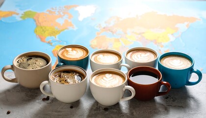 Diverse Coffee Cups Global Coffee Journey with World Map Backdrop, and Cafe Concept.