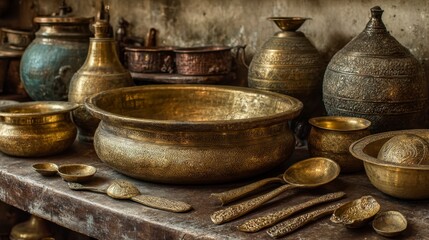Fototapeta premium Traditional Brass Utensils Arranged on Rustic Wooden Table