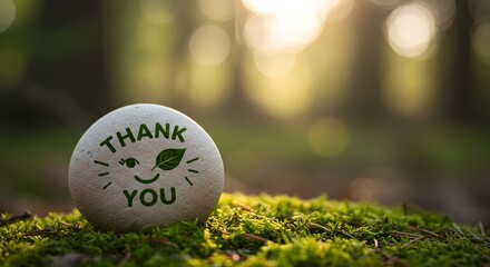 Thank you message on a stone with a leaf face in a mossy forest