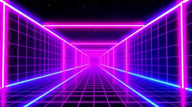 Retro Futuristic Neon Grid Tunnel Animation with Glowing Lines in 80s Style, 4k video