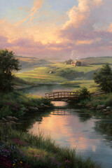 Fototapeta premium Tranquil Countryside: Sunset Reflections with Bridge and Cottage