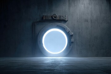 Glowing circular portal set within a rusty, metallic frame, mounted on a dark, textured concrete wall, illuminated by a dim, atmospheric light