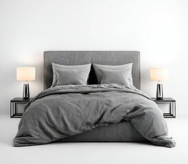 A minimalist bedroom scene features a gray upholstered bed with matching bedding, flanked by simple bedside tables and lamps against a white wall