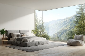 Modern minimalist bedroom with large window showcasing a mountain view, featuring a grey upholstered bed, light wood floors, and a grey beanbag chair