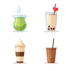 Obraz premium Four illustrated beverages: matcha tea, boba tea, latte, and iced coffee.