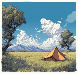 Idyllic summer landscape featuring a lone tent pitched in a grassy field under a vibrant blue sky dotted with fluffy clouds, mountains visible in the distance