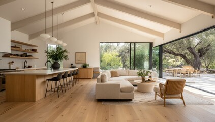 Open-plan living space with high ceilings, large windows showcasing a lush outdoor area, light wood floors, and a modern kitchen seamlessly integrated into the design