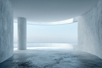 Minimalist curved concrete room with ocean view, featuring a central pillar and textured walls, bathed in soft, diffused light