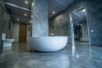 Modern bathroom with a freestanding oval bathtub, grey walls, and polished floor.  A toilet and door are visible in the background. Mirror reflects another view of the room
