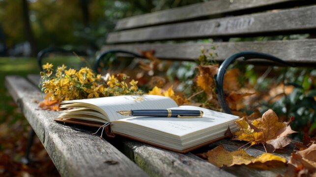 Blank Journal and Pen on Park Bench Surrounded by Autumn Leaves