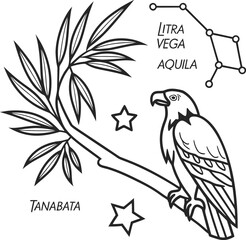 Naklejka premium eagle sitting on tree branch with stars and leaves