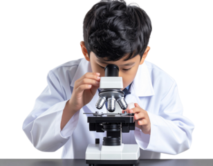 Boy using a microscope in science lab, isolated on a transparent background
