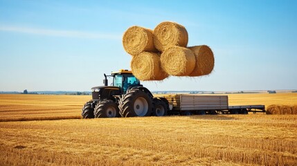 Fototapeta premium A tractor with hay bales in a vast agricultural field
