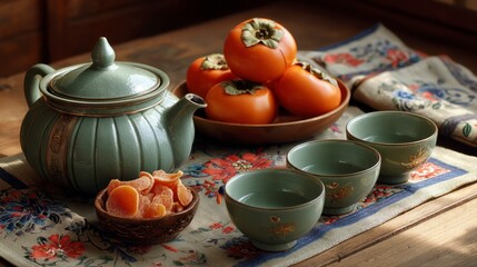 Traditional Korean Tea Service with Celadon Pottery and Fruits