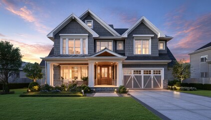 Obraz premium Two-story house with gray siding, white trim, and a covered porch, illuminated at dusk. Landscaped lawn and driveway