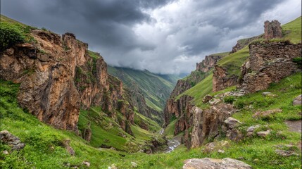 Naklejka premium A narrow mountain pass with rugged cliffs and scattered greenery under cloudy skies