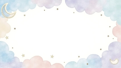 Pastel watercolor cloud border with crescent moon and stars, blank space.