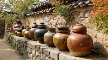 Traditional Onggi Fermentation Pots Lined Against a Stone Wall