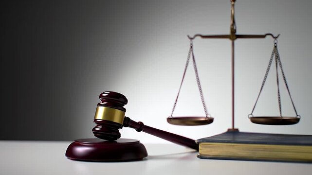 Gavel and Scales of Justice on White Surface with Legal Book Law and Justice Concept Close Up Wooden Hammer with Bronze Scale on Neutral Background