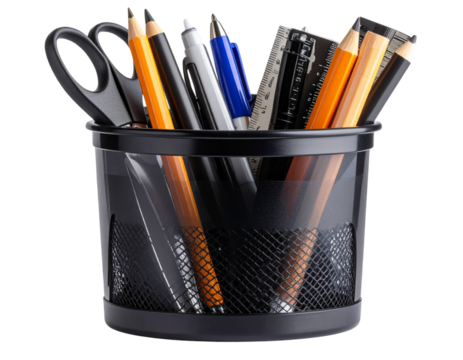 Realistic pencil holder with assorted stationery, isolated on a transparent background