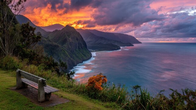 Cliffside bench overlooking a dramatic ocean sunset and rolling waves