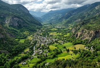 Panoramic view of a verdant valley nestled between majestic mountains, showcasing a quaint village, lush green fields, and a meandering river