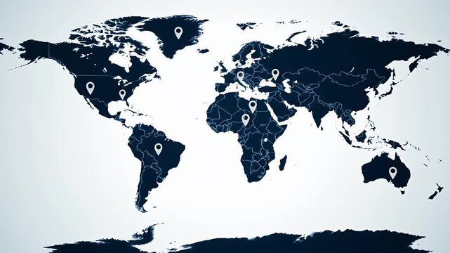 Global Network World Map of Points with Blue Continents on a White Background Displaying International Connections and Data Sharing