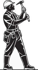 Silhouette vector of a construction worker with a hard hat and tool belt, using a hammer. Great for building, repair, labor, construction, and industrial illustrations. black clipart  isolated