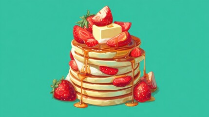 Stack of fluffy pancakes topped with syrup, butter, and sliced strawberries