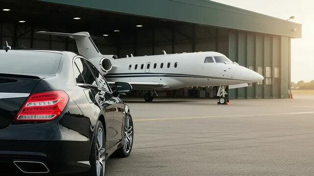 Luxury car and private jet at airport hangar
