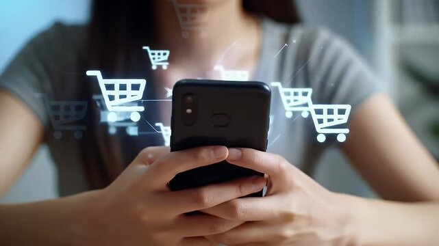 Young Woman in Gray T Shirt Holding a Smartphone with Shopping Cart Icons and E Commerce Interface on a Light Blue Background With Soft Lighting