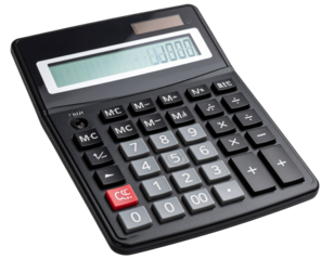 Realistic calculator with digital display, isolated on a transparent background