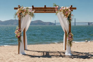 Beach wedding ceremony setup with wooden arbor, draped fabric, floral arrangements, and ocean view