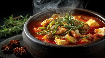 Vibrant Red Kimchi Jjigae Stew with Tofu and Pork Chunks